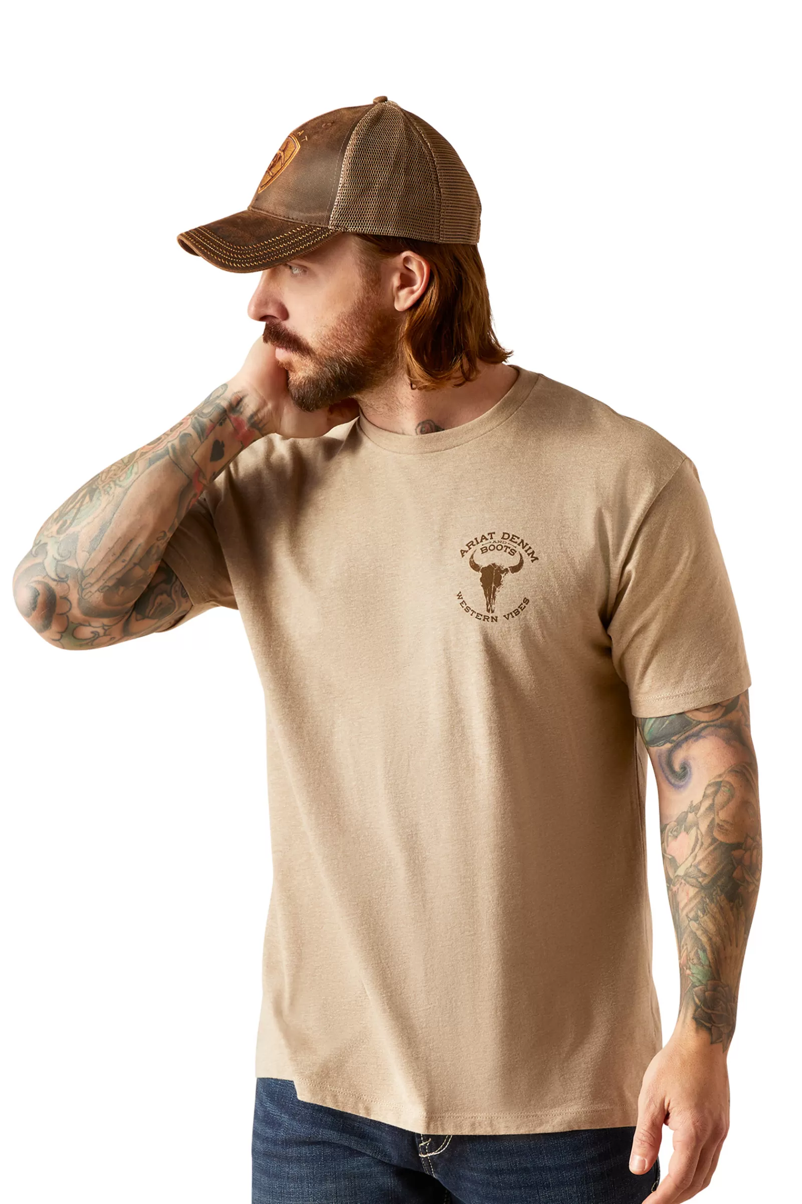 Cheap ariat Bison Skull Miesten T-Paita Oatmeal Heather