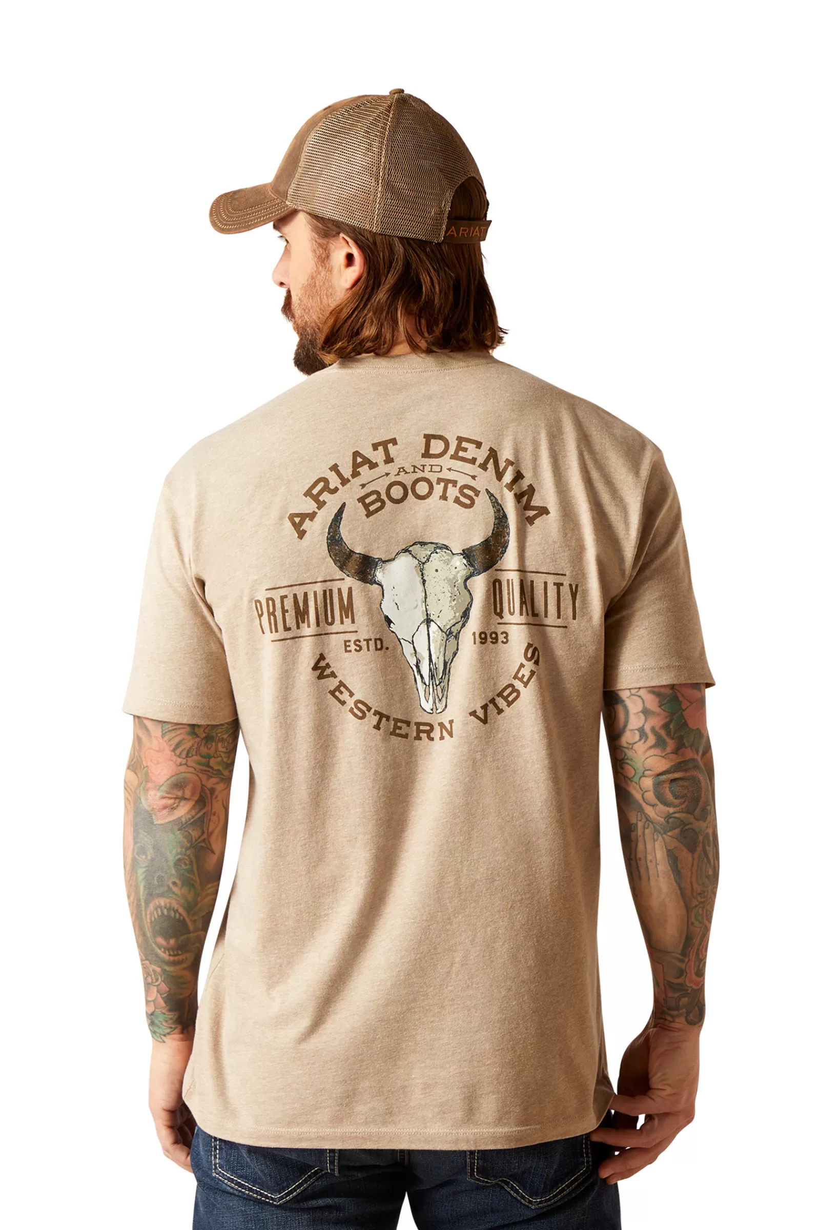 Cheap ariat Bison Skull Miesten T-Paita Oatmeal Heather