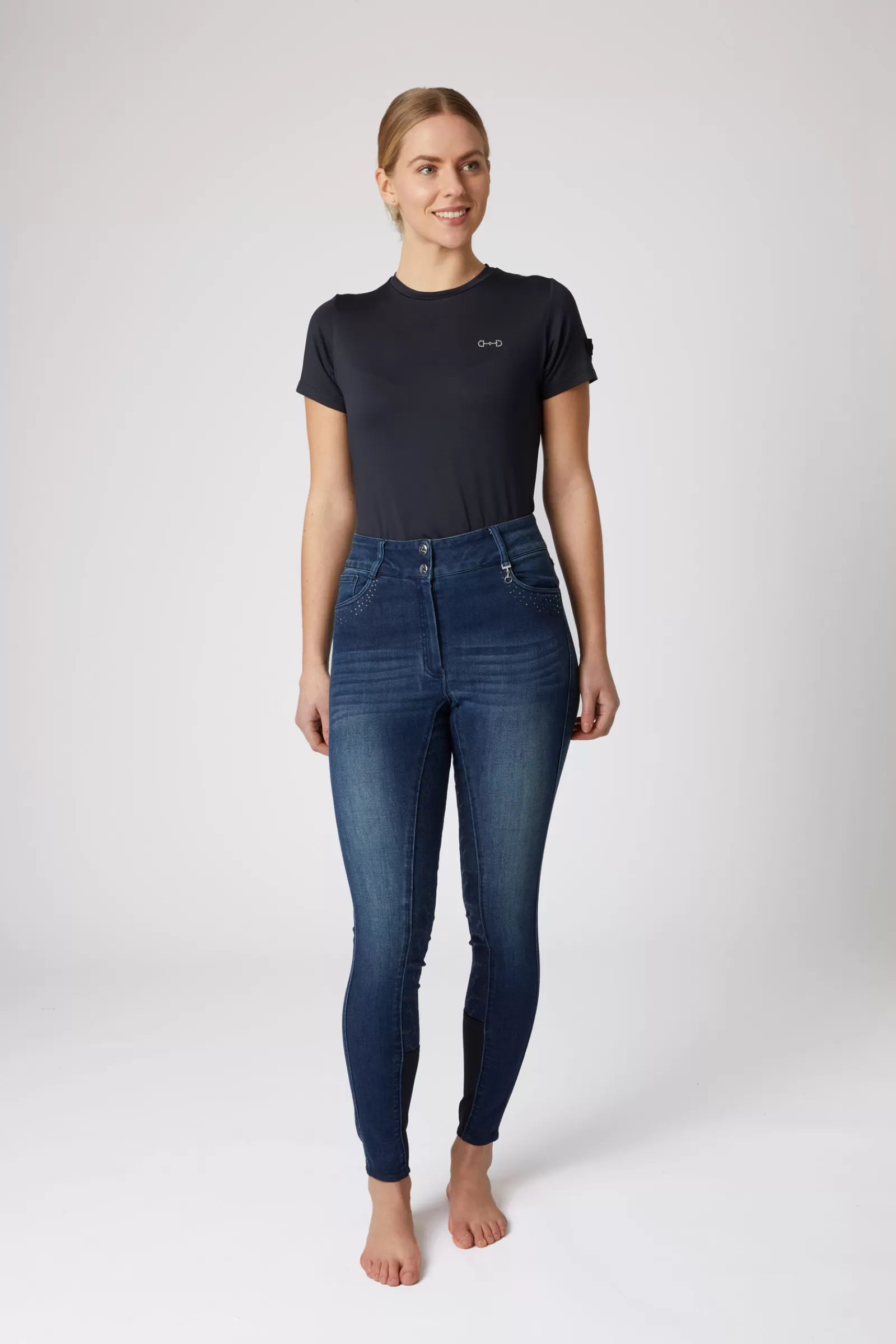 Cheap * Kaia Denim Kokopaikkaiset Ratsastushousut Silikonipainatuksilla Ja Kristallisomisteilla Denim Blue